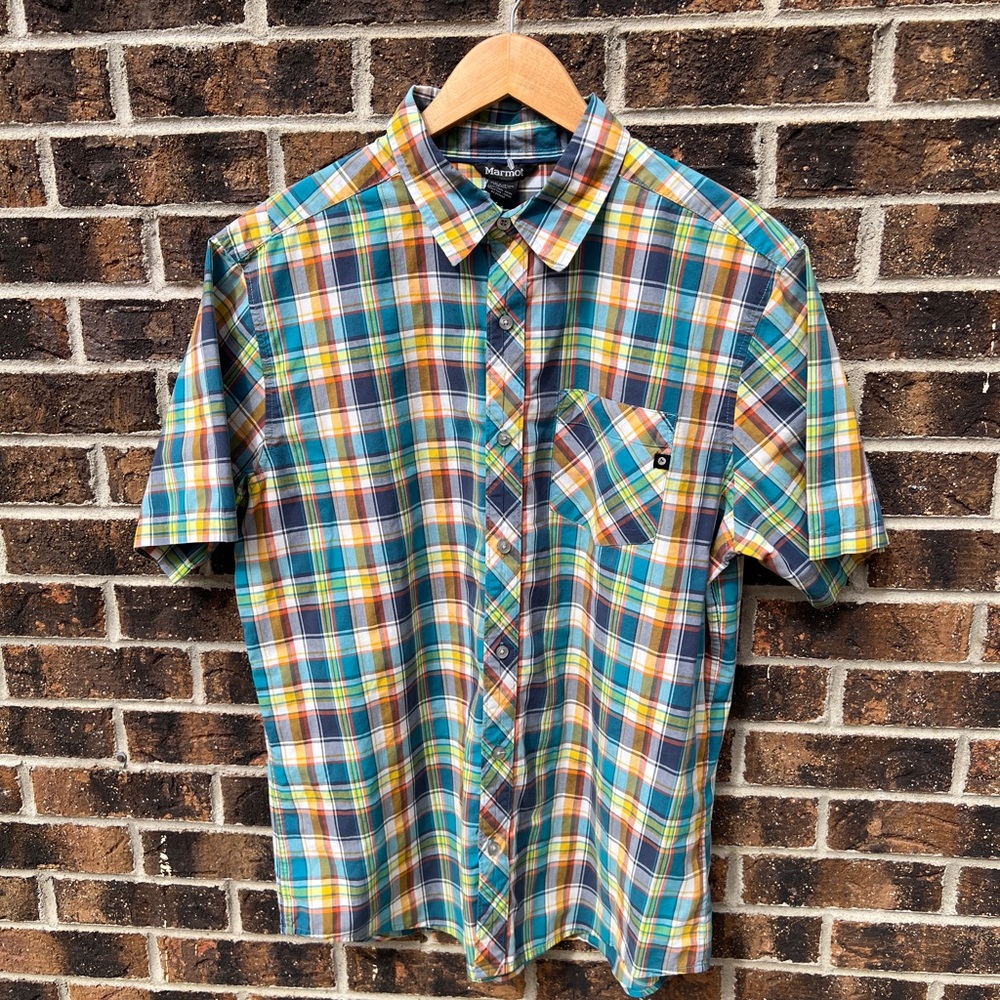 Marmot Short-Sleeve Plaid Button-Down Shirt - Blue, Green, Yellow - Size L